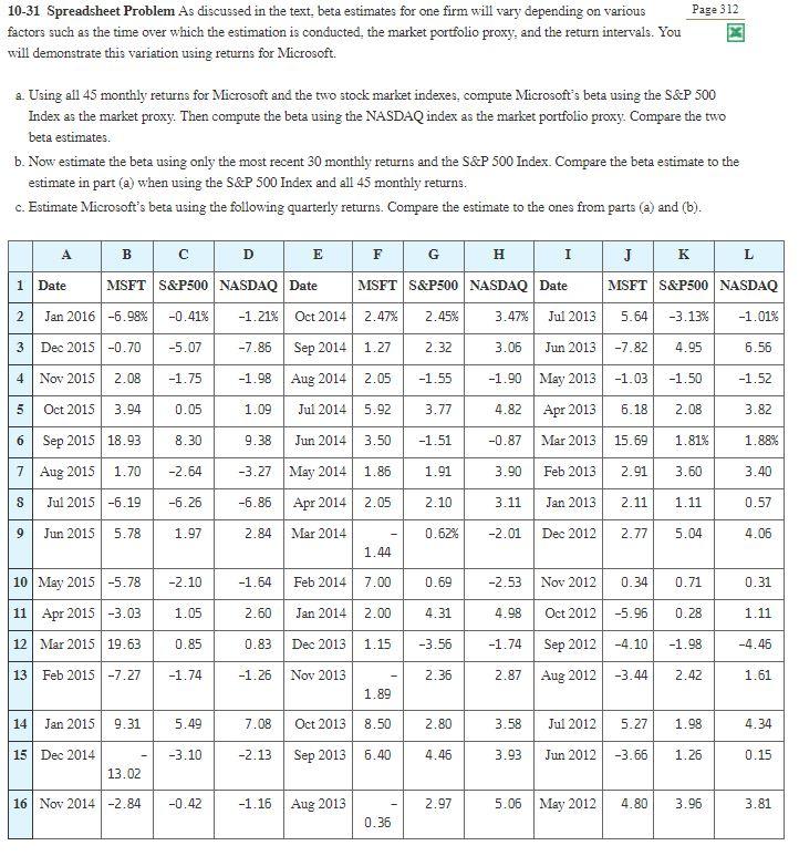  Page 312 10-31 Spreadsheet Problem As discussed in the text. beta