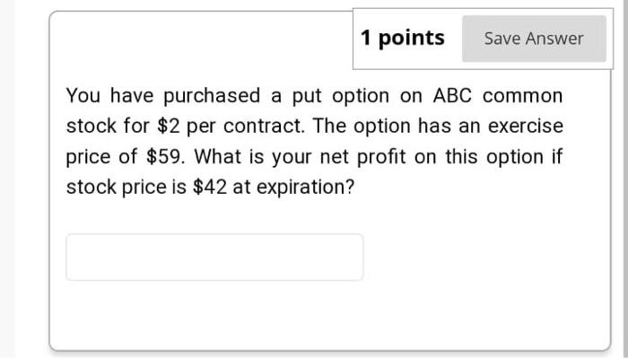  1 points Save Answer You have purchased a put option on