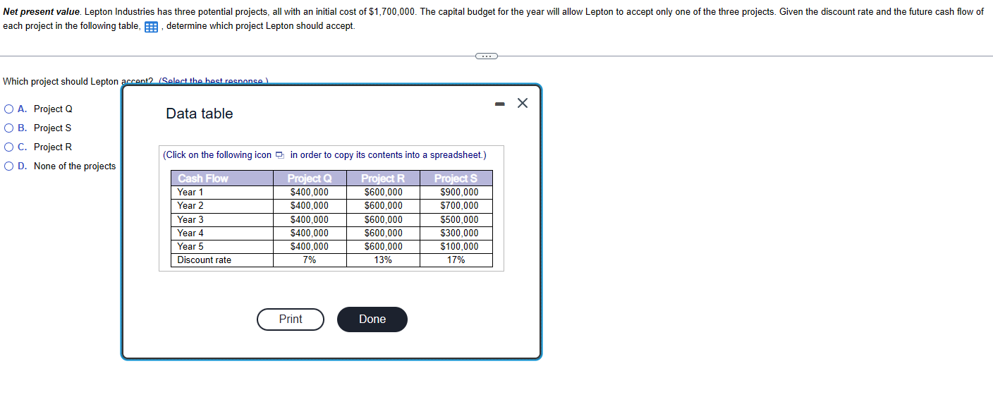  each project in the following table, , determine which project Lepton