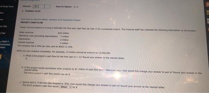 Highest: 0/4 1. Problem 12.02 Click here to read the eBook: Analysis