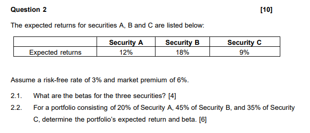 The expected returns for securities A, B and C are listed