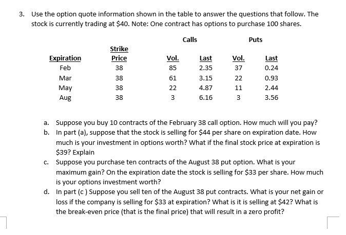  3. Use the option quote information shown in the table to