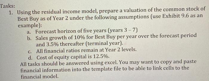 Tasks: 1. Using the residual income model, prepare a valuation of