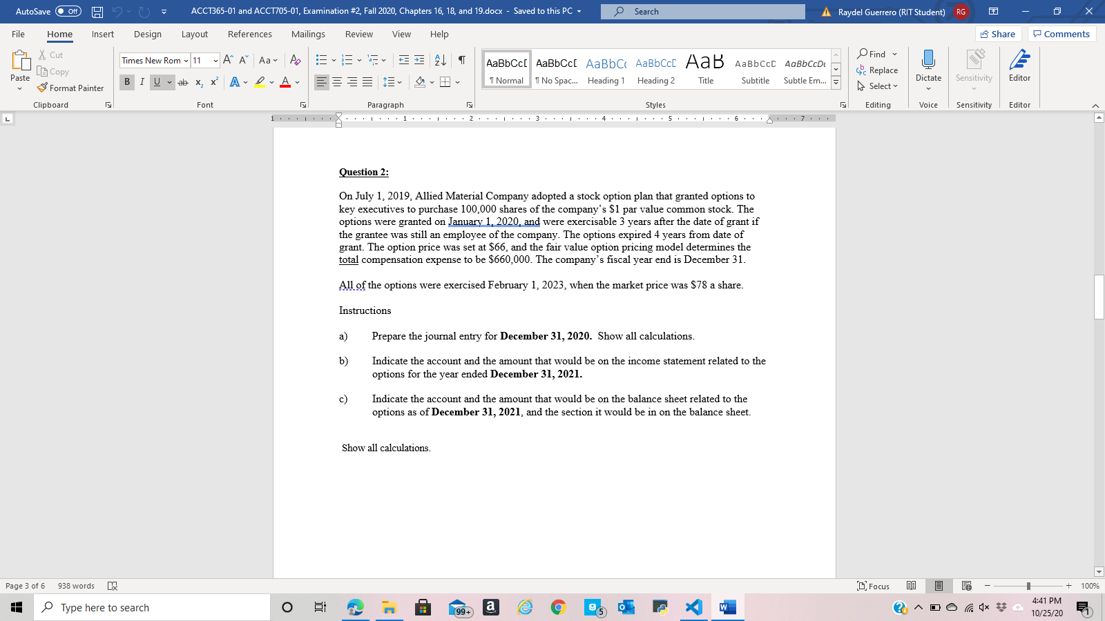  AutoSave Off HI ACCT365-01 and ACCT705-01, Examination #2, Fall 2020, Chapters