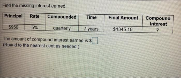  Find the missing interest earned. Principal Rate Compounded Time Final Amount