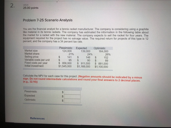  value 25.00 points Problem 7-25 Scenario Analysis You are the financial
