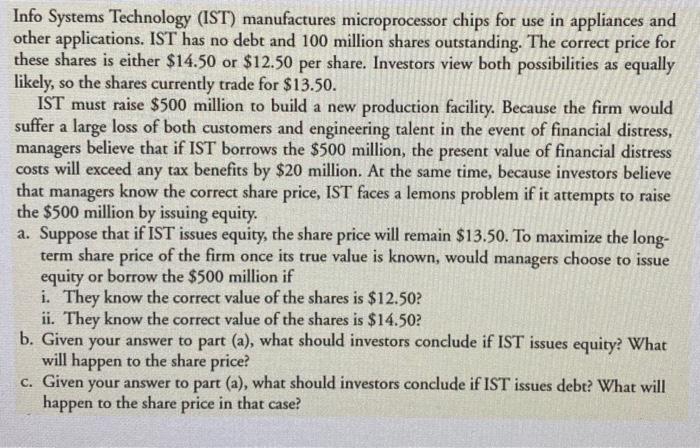  Info Systems Technology (IST) manufactures microprocessor chips for use in appliances