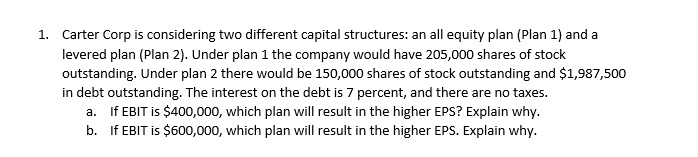  1. Carter Corp is considering two different capital structures: an all