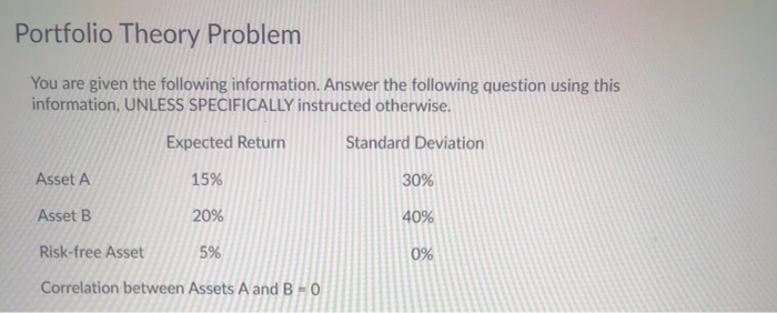  expected return = 16.8% standard deviation = 24% Portfolio Theory Problem