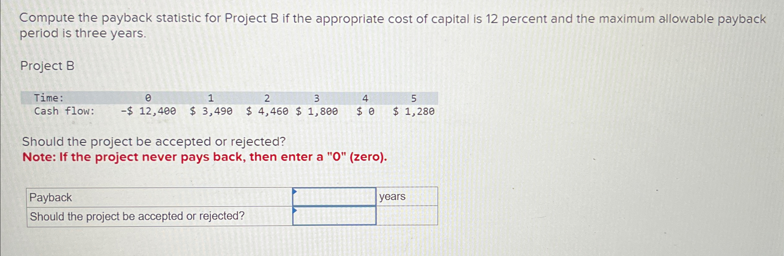  Compute the payback statistic for Project B if the appropriate cost