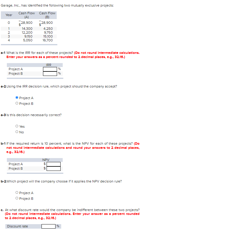 Garage, Inc., has identified the following two mutually exclusive projects: Year Cash