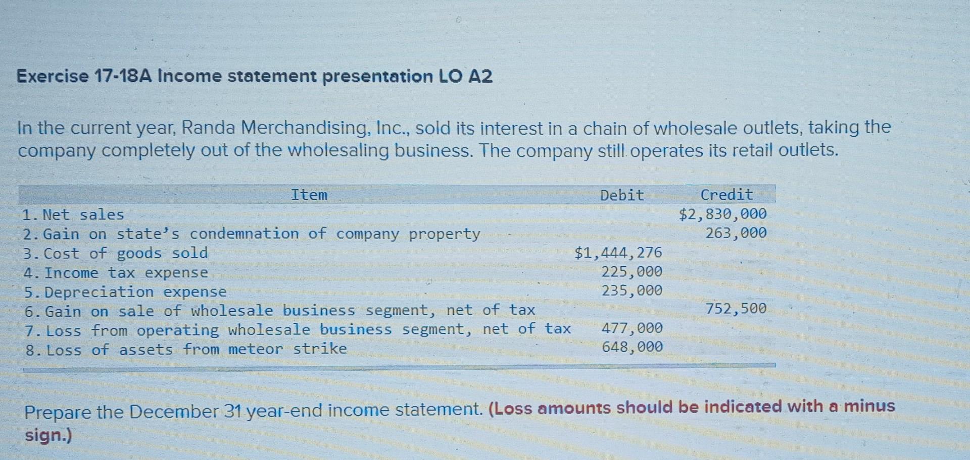 Exercise 17-18A Income statement presentation LO A2 In the current year,