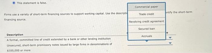 variety of short-term financing sources to support working capital. Use the descripti