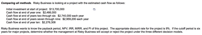  Comparing all methods. Risky Business is looking at a project with