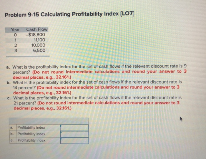  Problem 9-15 Calculating Profitability Index [LO7] Year 0 1 . Cash