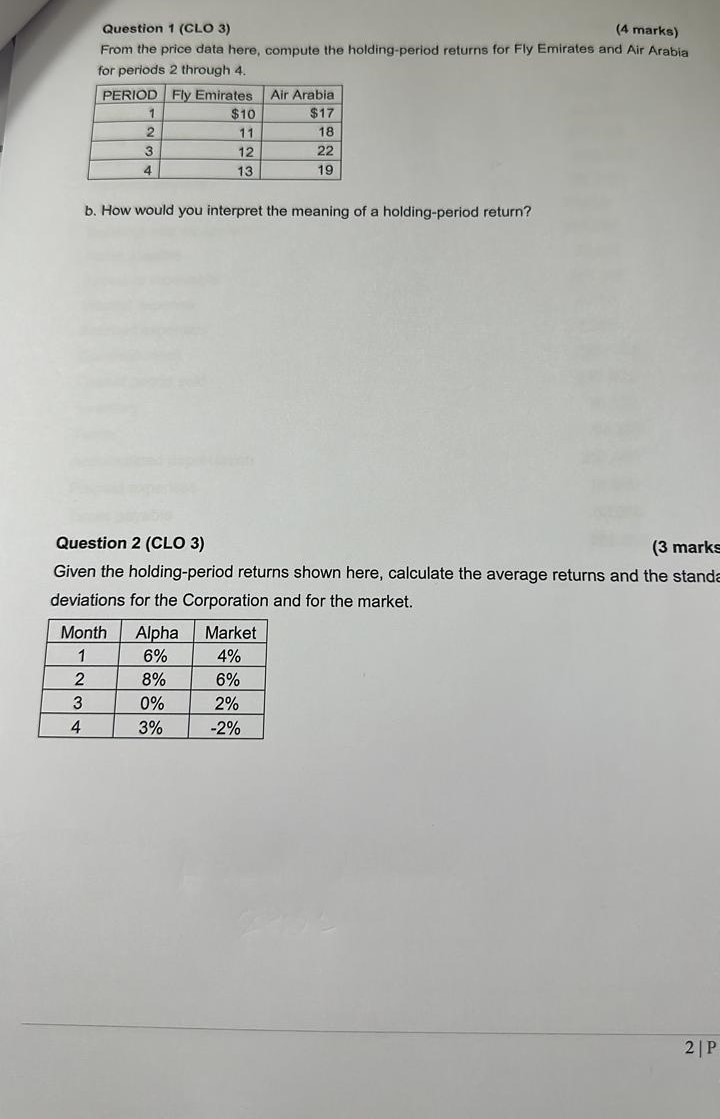 Question 1 (CLO 3) (4 marks) From the price data here,