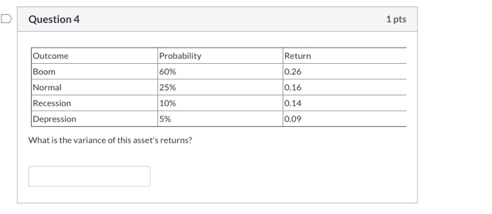  D Question 4 1 pts Outcome Return Probability 60% Boom 0.26
