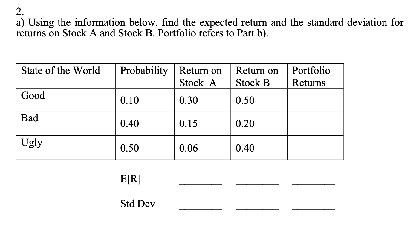  a) Using the information below, find the expected return and the