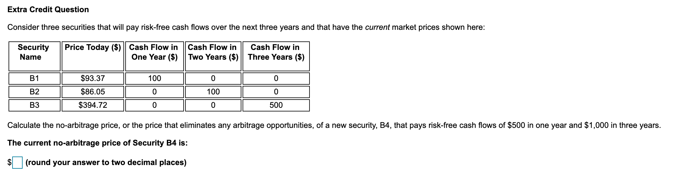 Extra Credit Question Consider three securities that will pay risk-free cash
