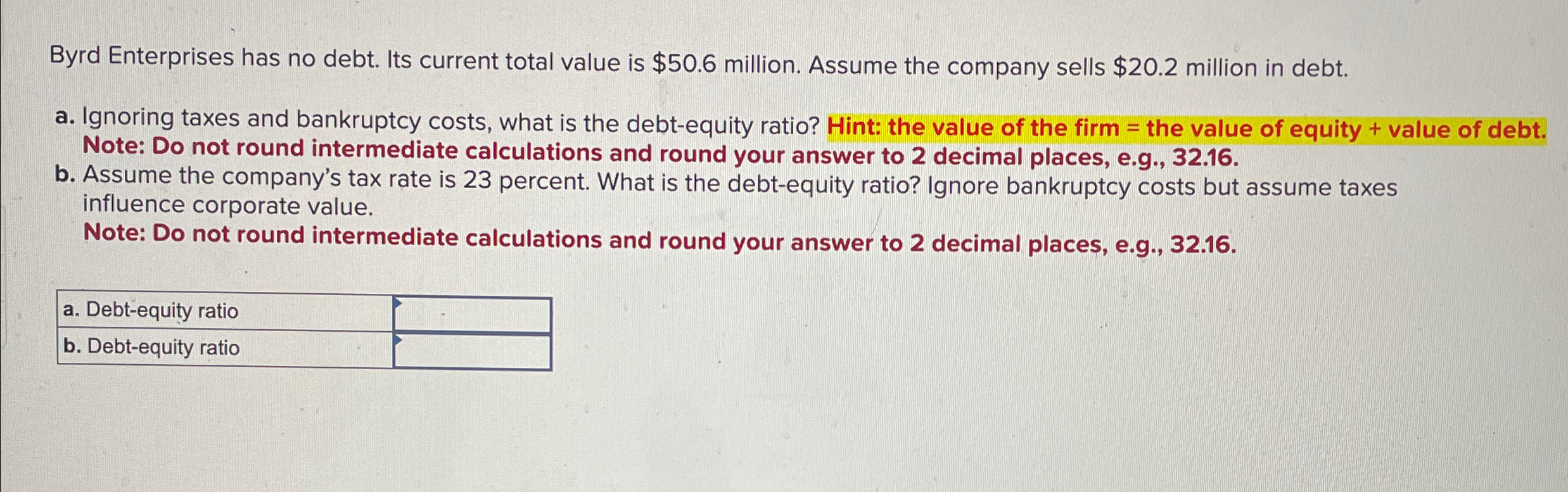  Byrd Enterprises has no debt. Its current total value is $50.6