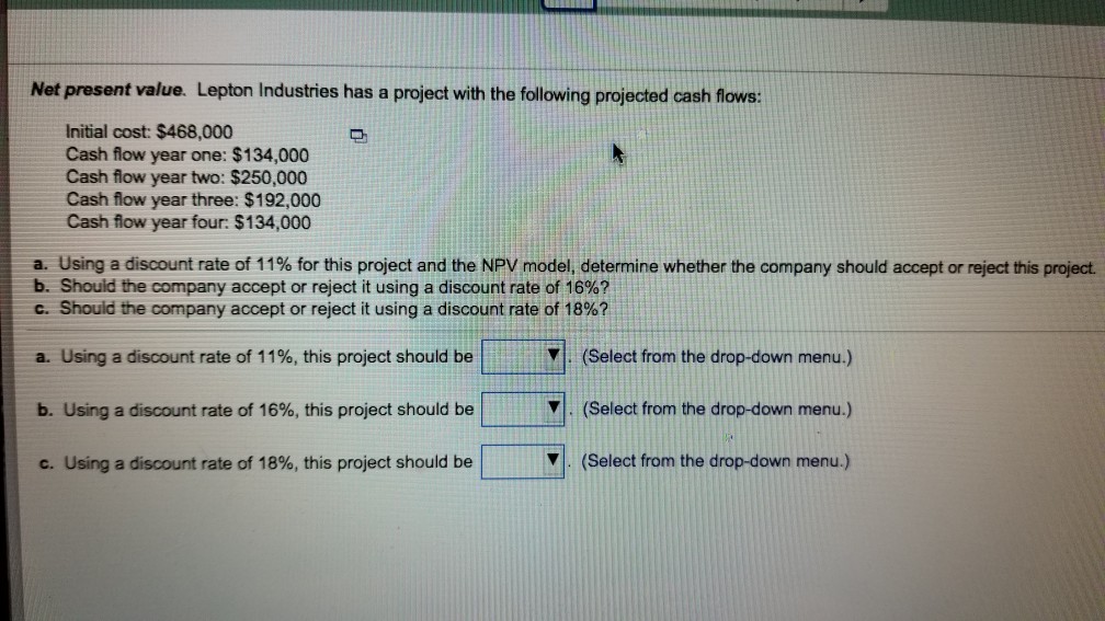 Net present value. Lepton Industries has a project with the following