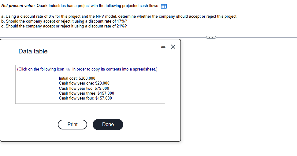 (L39)Question in screenshot Net present value. Quark Industries has a project