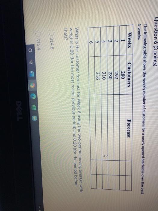  Question 6 (3 points) The following table shows the weekly number