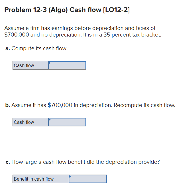  Problem 12-3(Algo) Cash flow [LO12-2] Assume a firm has earnings before
