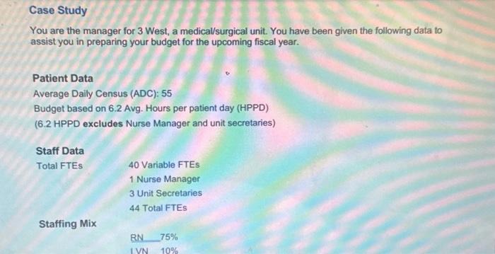 Case Study You are the manager for 3 West, a medical/surgical