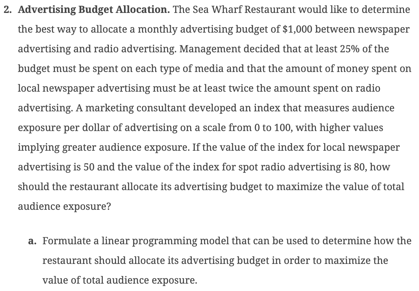 I DO NOT NEED THE LINEAR PROGRAMMING MODEL - ONLY THE NEW