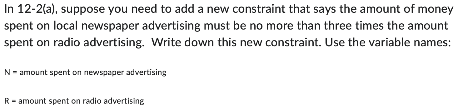 CONSTRAINT!! Thankyou Advertising Budget Allocation. The Sea Wharf Restaurant would like to