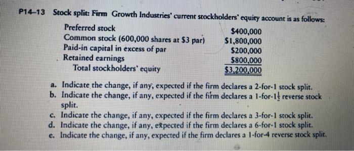 chapter 14 (25 points) For a stock split shares multiply, par value