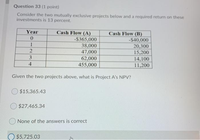  Question 33 (1 point) Consider the two mutually exclusive projects below