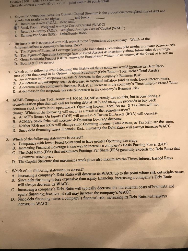  Finance 3200 Quiz Circle the correct answer. (Q's I-20-1 point each