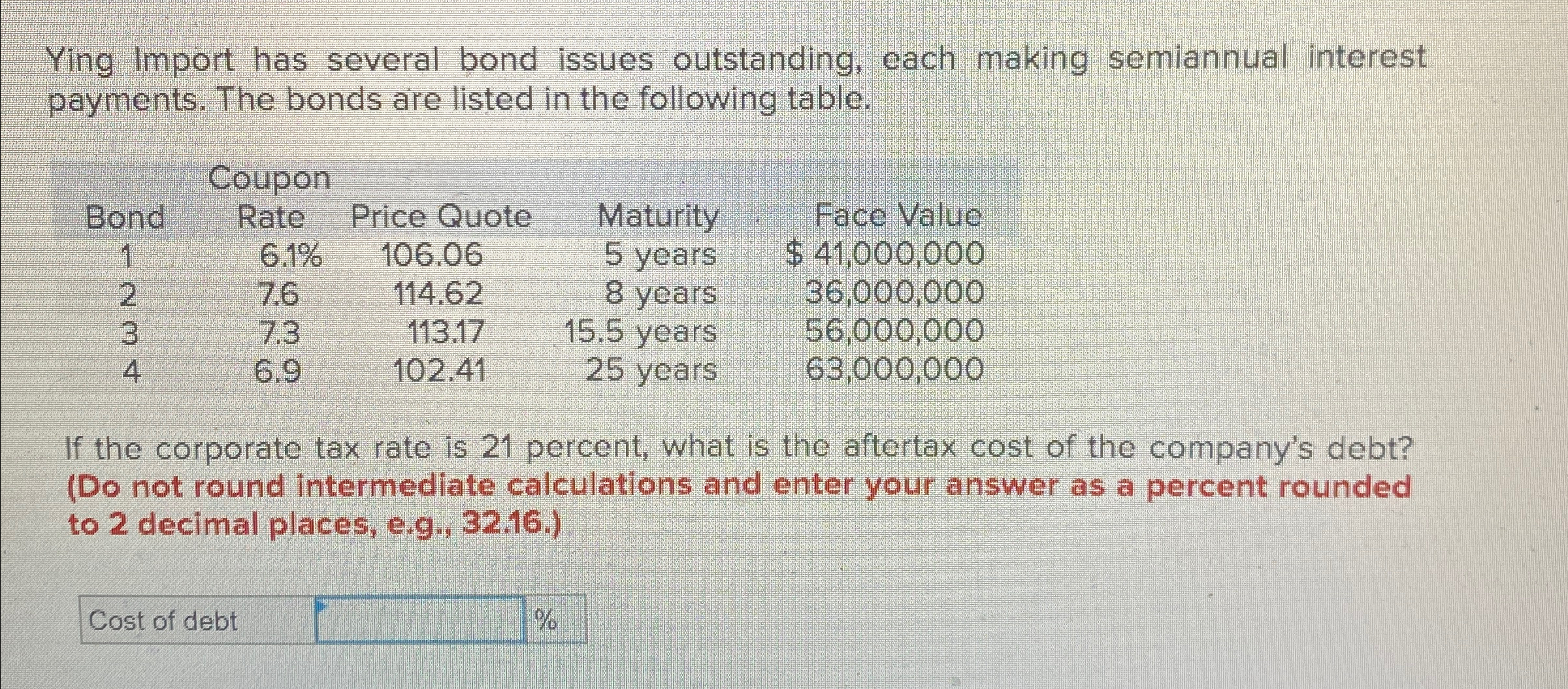  Ying Import has several bond issues outstanding, each making semiannual interest