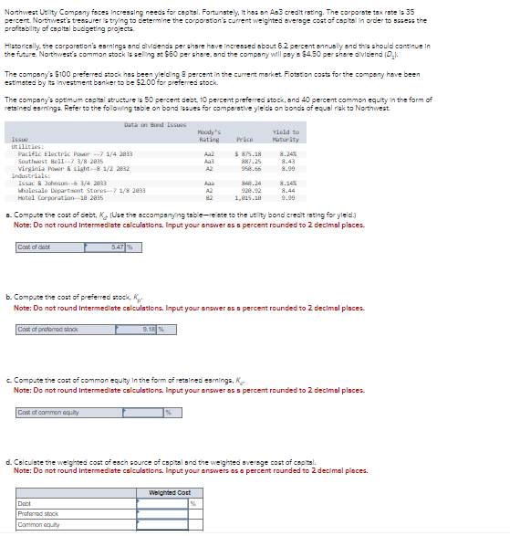  Northwest Utility Company faces increasing needs for capital. Fortunately, it has