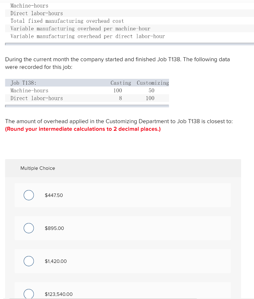  Machine-hours Direct labor-hours Total fixed manufacturing overhead cost Variable manufacturing overhead