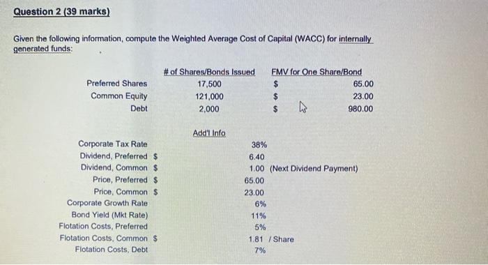  Question 2 (39 marks) Given the following information, compute the Weighted