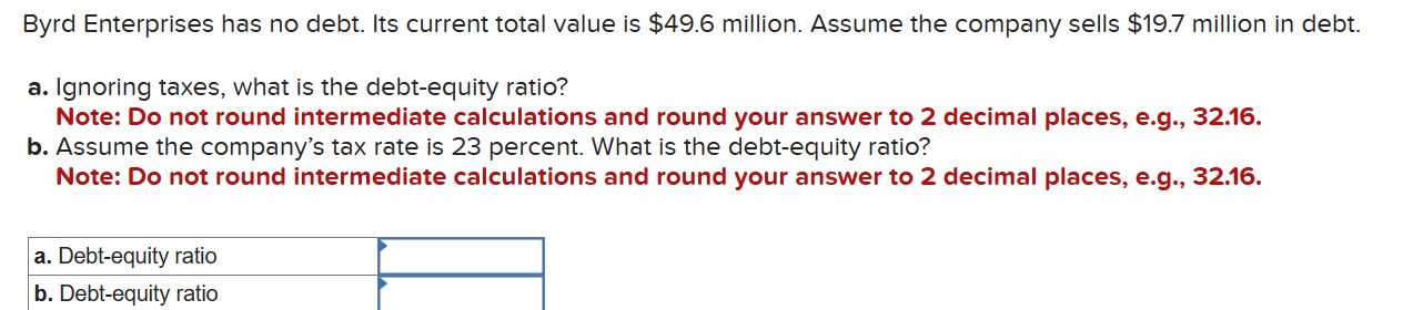  Byrd Enterprises has no debt. Its current total value is $49.6