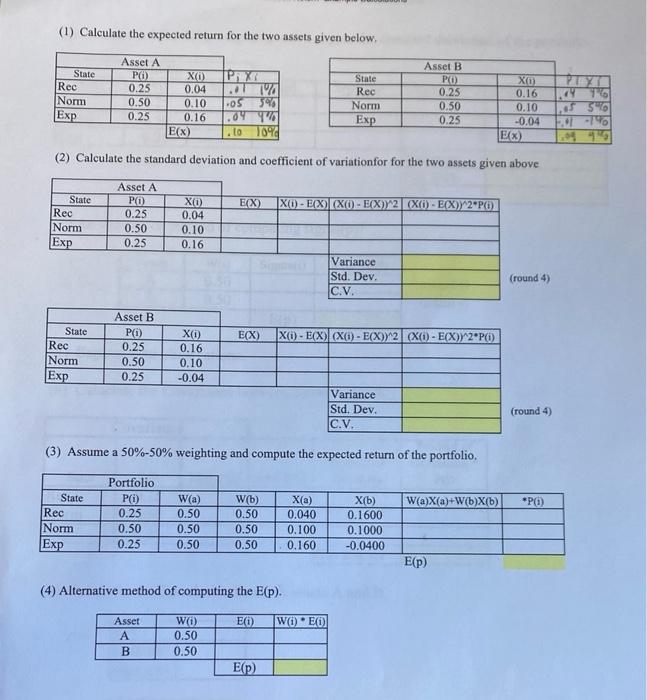  (1) Calculate the expected return for the two assets given below.