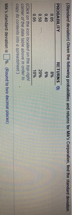  (Standard deviation) Given the following probabilities and returns for Mik's Corporation,