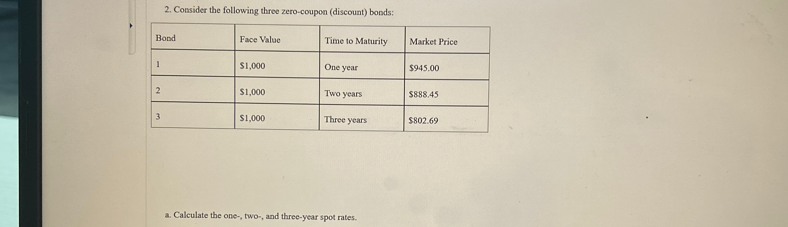  Consider the following three zero-coupon (discount) bonds: \table[[Bond,Face Value,Time to Maturity,Market