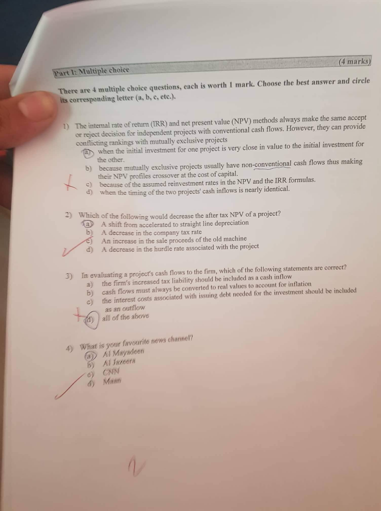  Part 1: Multiple choice (4 marks) There are 4 multiple choice