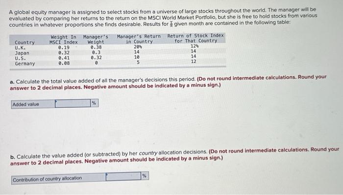  A global equity manager is assigned to select stocks from a