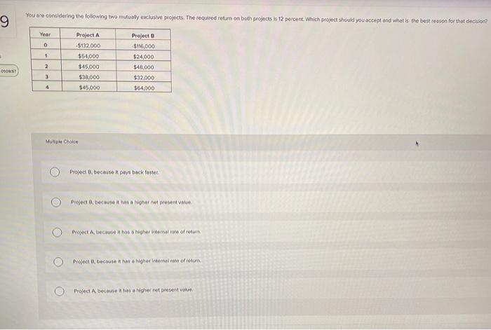  You are considering the following two mutually exclusive projects. The required