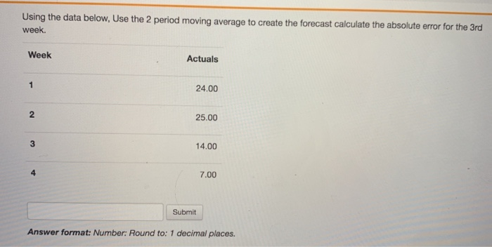  Using the data below. Use the 2 period moving average to