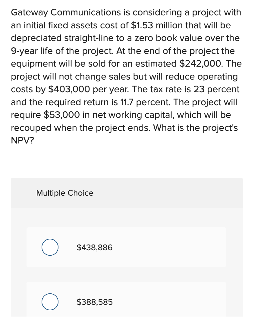  Gateway Communications is considering a project with an initial fixed assets