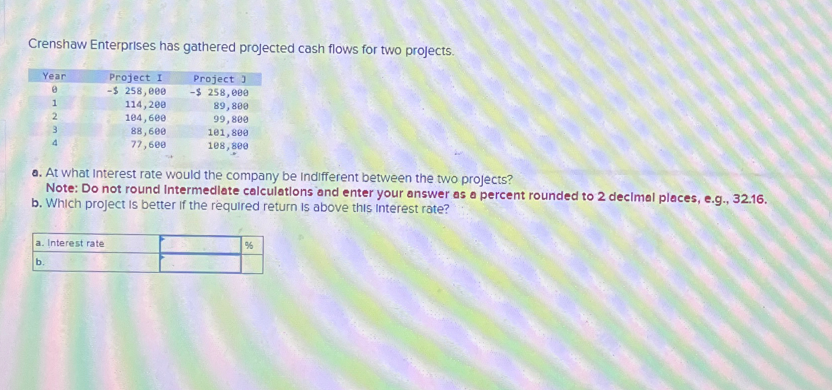  Crenshaw Enterprises has gathered projected cash flows for two projects. \table[[Year,Project