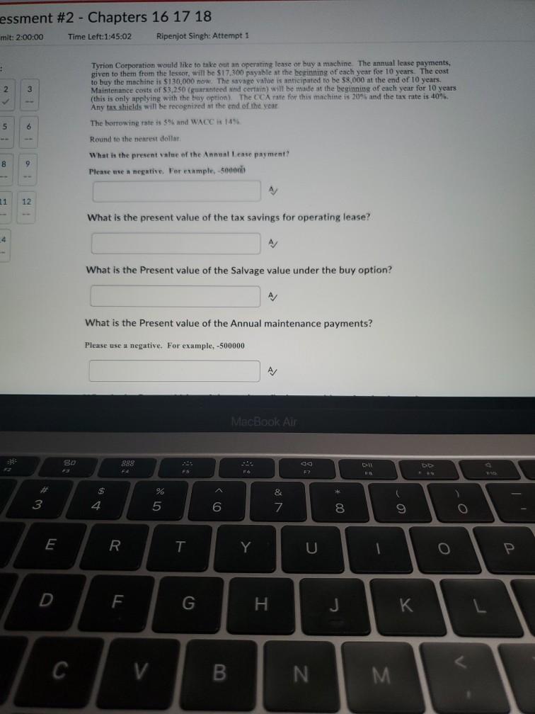  essment #2 - Chapters 16 17 18 mit: 2:00:00 Time Left:1:45:02