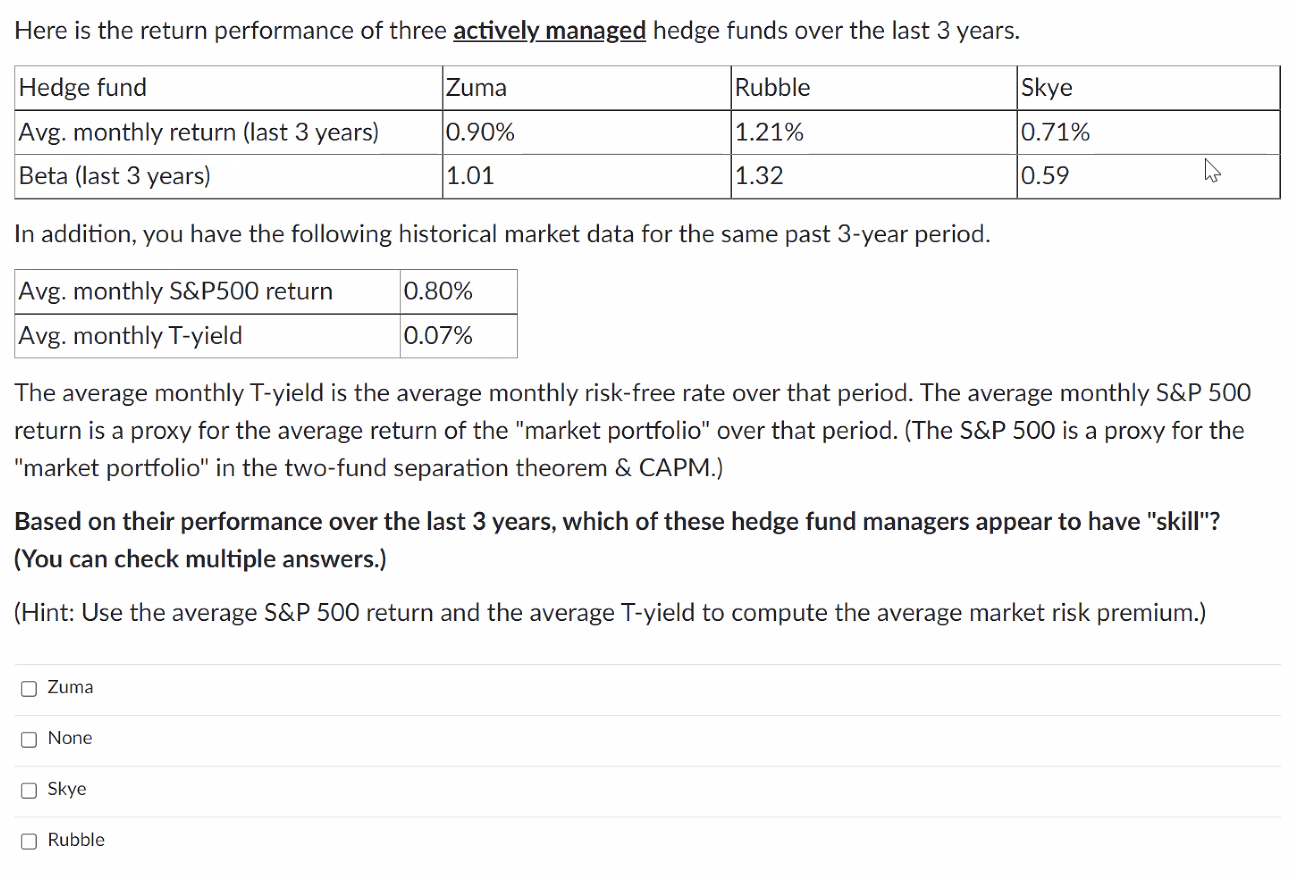  Here is the return performance of three actively managed hedge funds